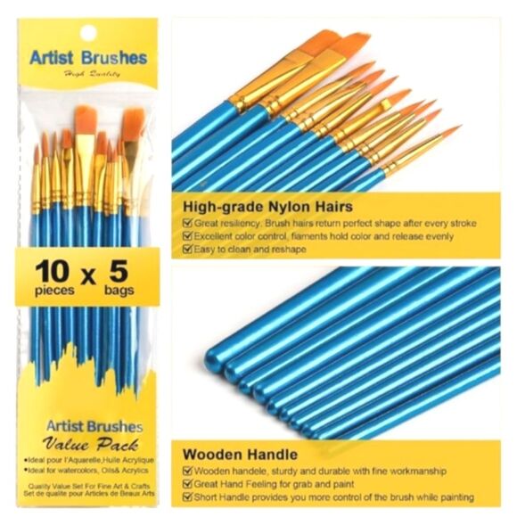 Paint Brushes 10 pieces Round Pointed Tip Artist Paintbrushes NWT - Picture 1 of 14